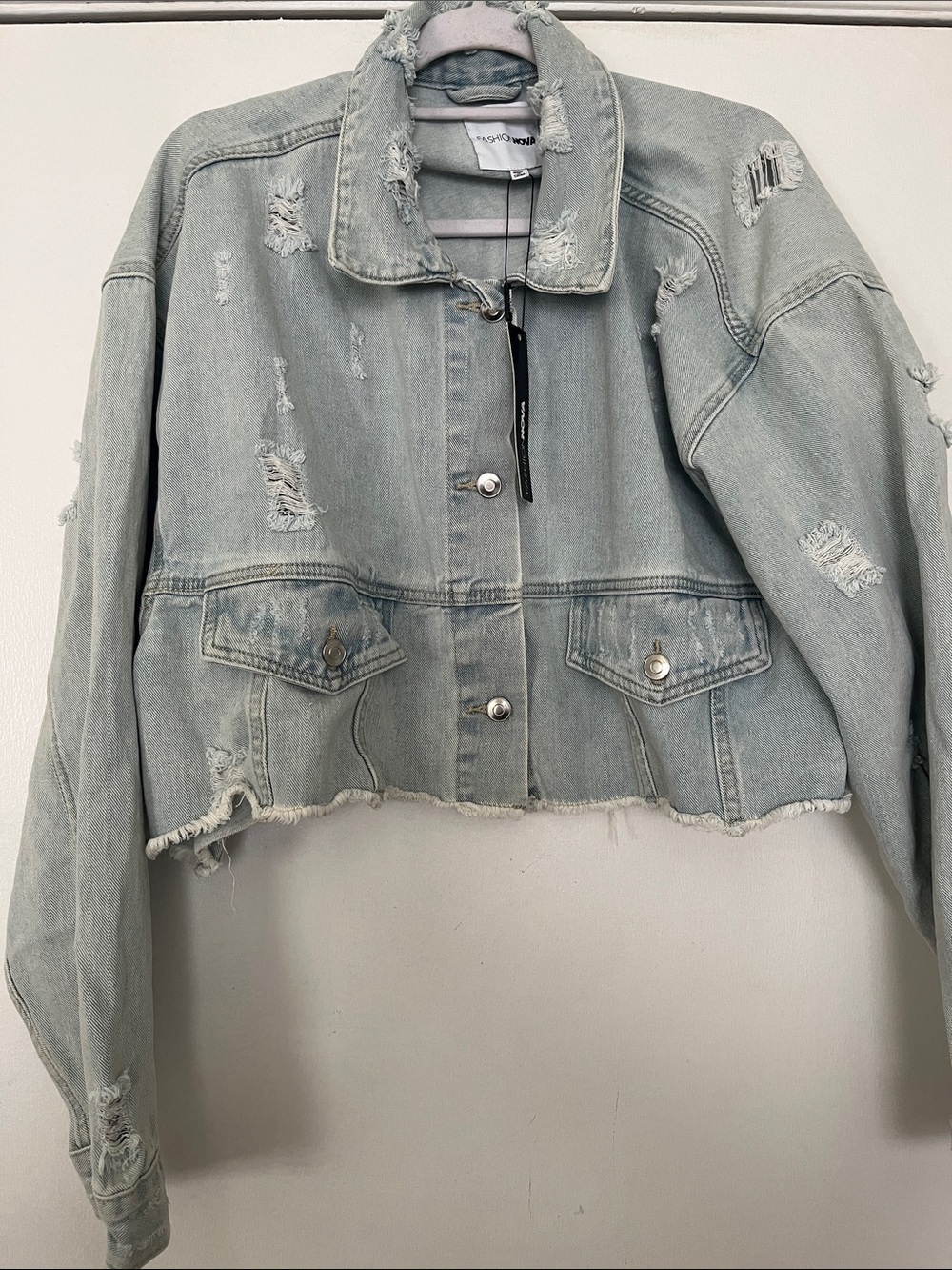 Fashion Nova Light Wash Distressed Denim Jacket